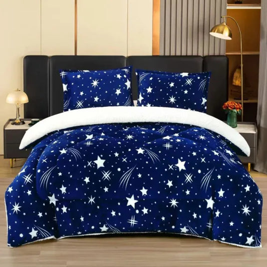 Set de 2 Persoane, 1 Pilota Cocolino cu Blanita si 2 Fete de Perna Inclusa, Albastru cu Stele 200 x 230 cm