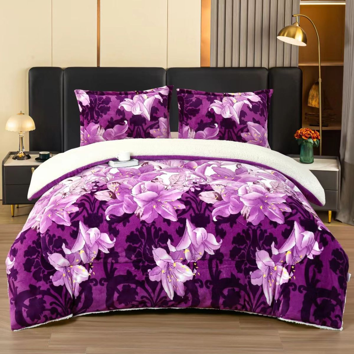 Set de 2 Persoane, 1 Pilota Cocolino cu Blanita si 2 Fete de Perna Inclusa Mov, 200 x 230 cm