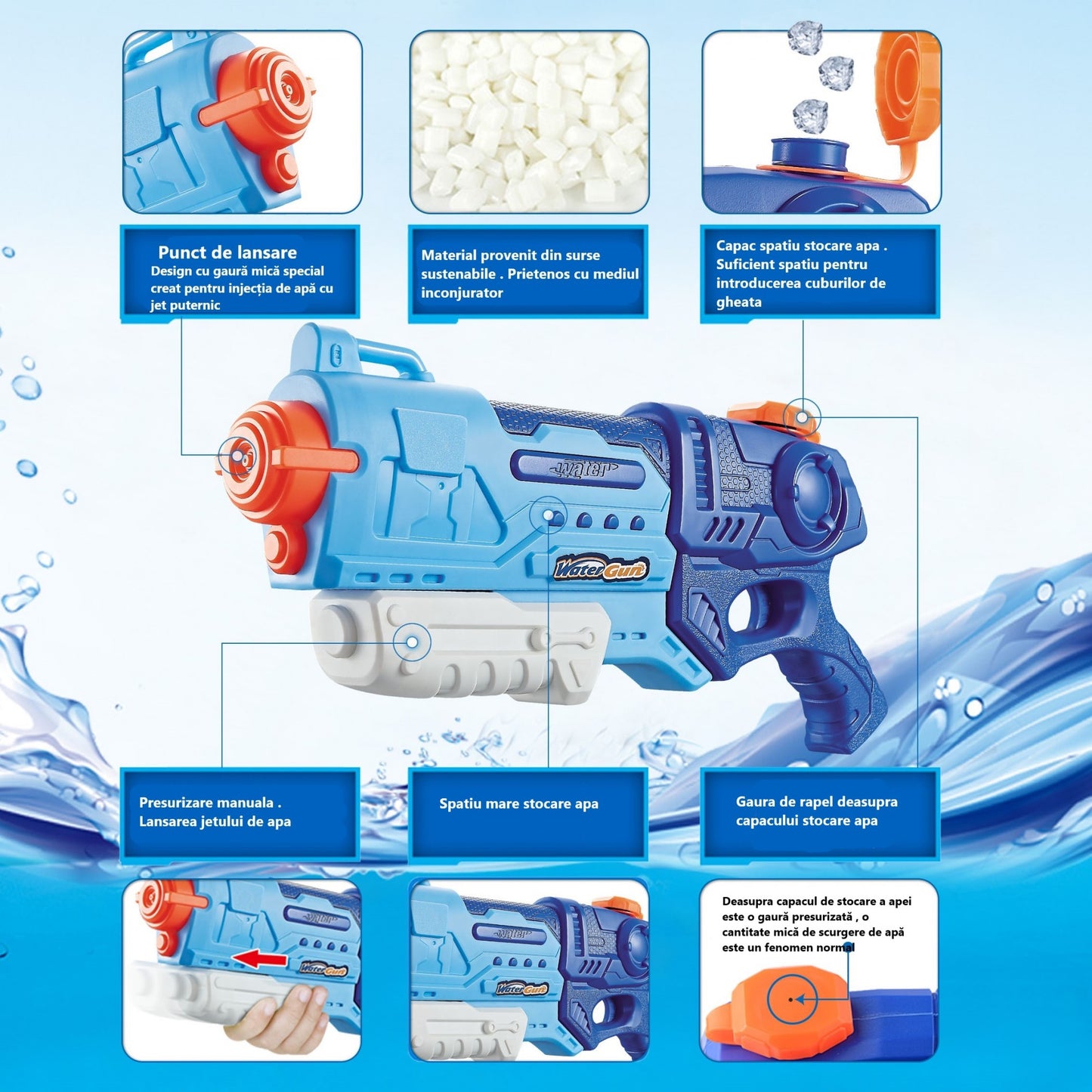 Pistol cu Apa pentru Copii, Rezervor, Pentru Piscina/Plaja, 6ani+, Albastru, 900ML