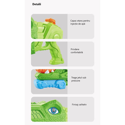 Set 2x Pistol cu Apa pentru Copii, Rezervor, Pentru Piscina/Plaja, Flippy, 6ani+, Tiranozaur, Roz + Verde,660 ML