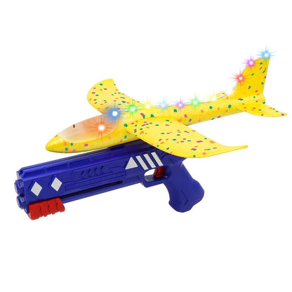 Pistol cu Lansator de Avion,  din Polistiren+Plastic, +3 Ani, Avion 38 cm, Lansare 10 m, cu Lumini si Roti, Galben/Albastru