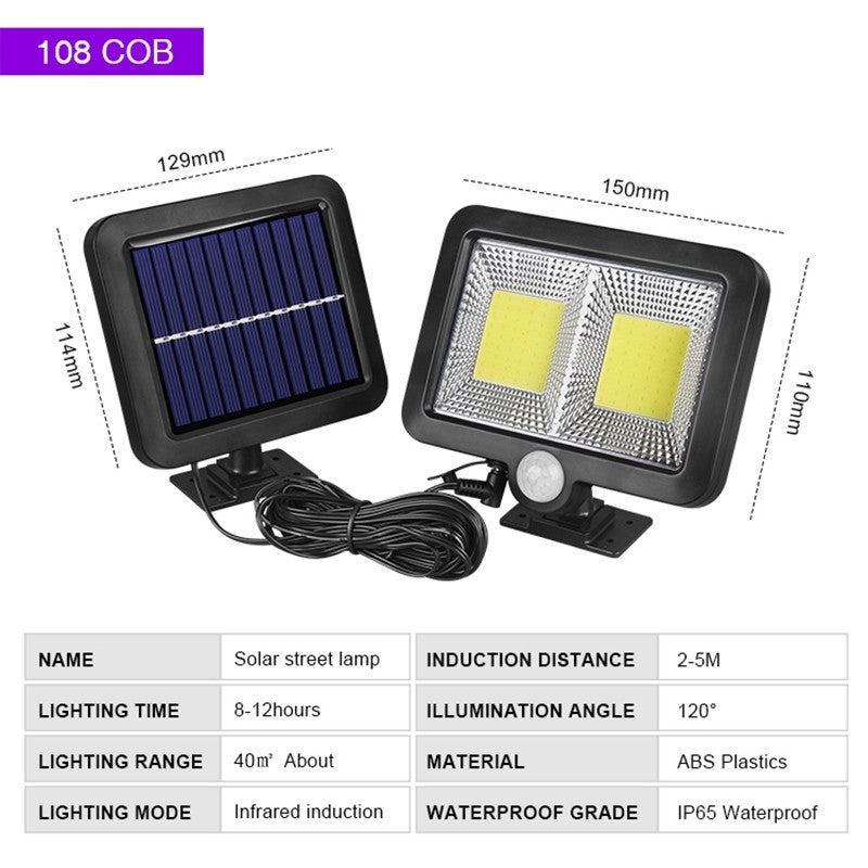 Lampa solara cu senzor de miscare, 108 COB LED, 2 grile, 2400lm, ip65, negru
