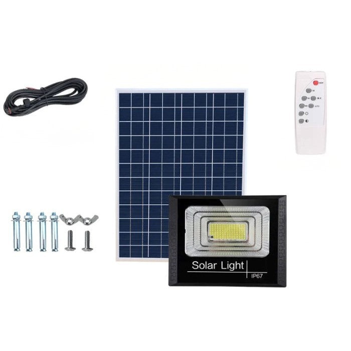 Proiector LED/Lampa solara de exterior, 15 cm x 12 cm, Rezistent la Apa IP67, cu Panou Solar, 100 LED SMD, 30W, Senzor de lumina, Timer, cu Telecomanda, 2 moduri de iluminat, kit montaj inclus, Lumina Rece