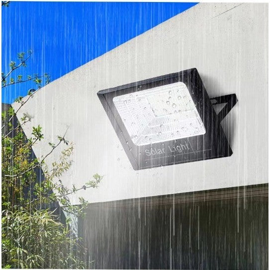 Proiector LED/Lampa solara de exterior, 15 cm x 12 cm, Rezistent la Apa IP67, cu Panou Solar, 100 LED SMD, 30W, Senzor de lumina, Timer, cu Telecomanda, 2 moduri de iluminat, kit montaj inclus, Lumina Rece