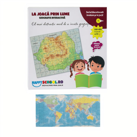 Puzzle Educativ Geografic 2 în 1, Harta României și Harta Lumii pentru Copii, 100 piese, 5 ani +