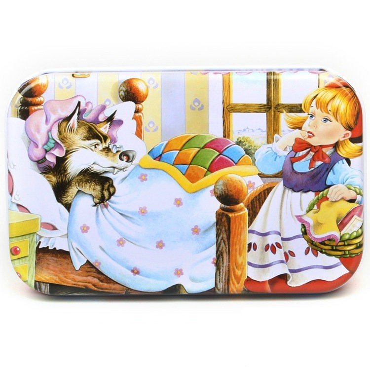 Puzzle 60 de Piese din Lemn in Cutie Metalica,  Model Scufita Rosie, Educativ, Dezvoltare Abilitati Cognitive, pentru Prescolari, 22.5x13.5 cm, Multicolor
