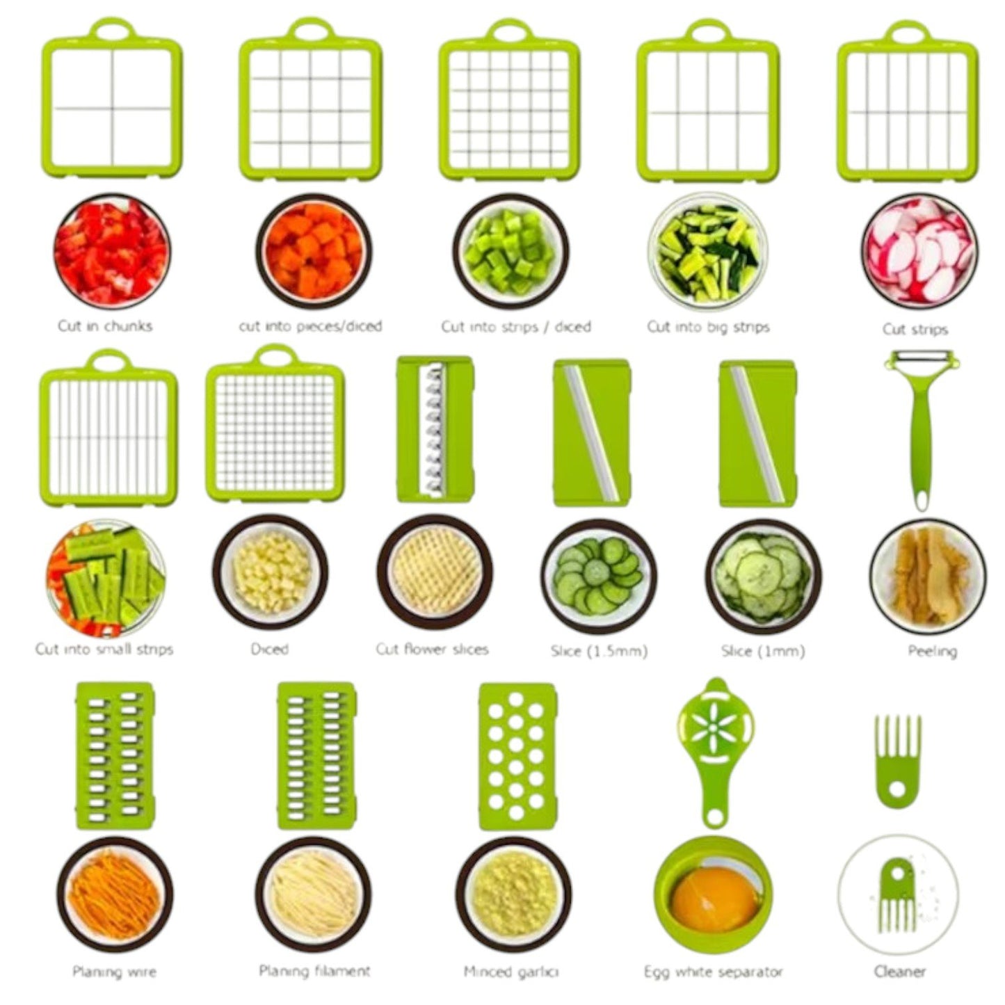 Razatoare Multifunctionala 22 de Piese pentru Legume si Fructe cu Functie de Caserola, Lame din Otel Inoxidabil si Maner Protectie Verde