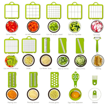 Razatoare Multifunctionala 22 de Piese pentru Legume si Fructe cu Functie de Caserola, Lame din Otel Inoxidabil si Maner Protectie Verde