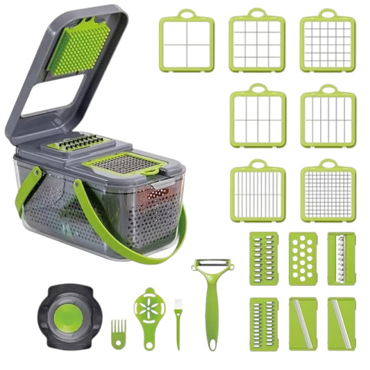 Razatoare Multifunctionala 22 de Piese pentru Legume si Fructe cu Functie de Caserola, Lame din Otel Inoxidabil si Maner Protectie Verde