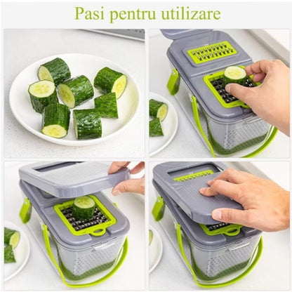 Razatoare Multifunctionala 22 de Piese pentru Legume si Fructe cu Functie de Caserola, Lame din Otel Inoxidabil si Maner Protectie Verde