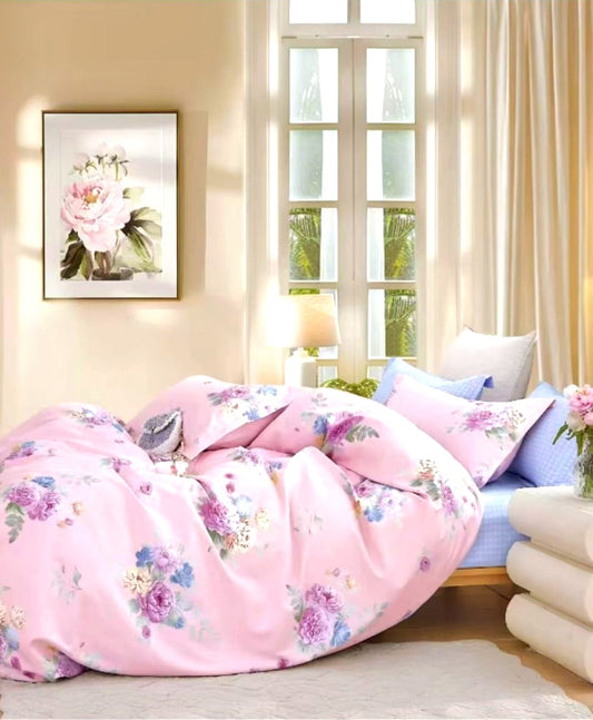 Lenjerie de pat dublu bumbac finet HIPOALERGENIC – 6 piese-230 x 250cm  Mov Si Roz Cu FLori