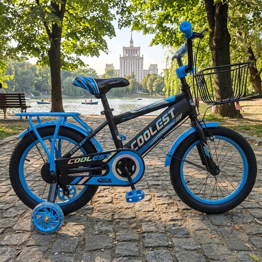 Bicicleta Cu Pedale , Roti Ajutatoare Ajustabile, Stop, Cosulet Si Portbagaj, 16 Inch, Varsta 5-8 Ani