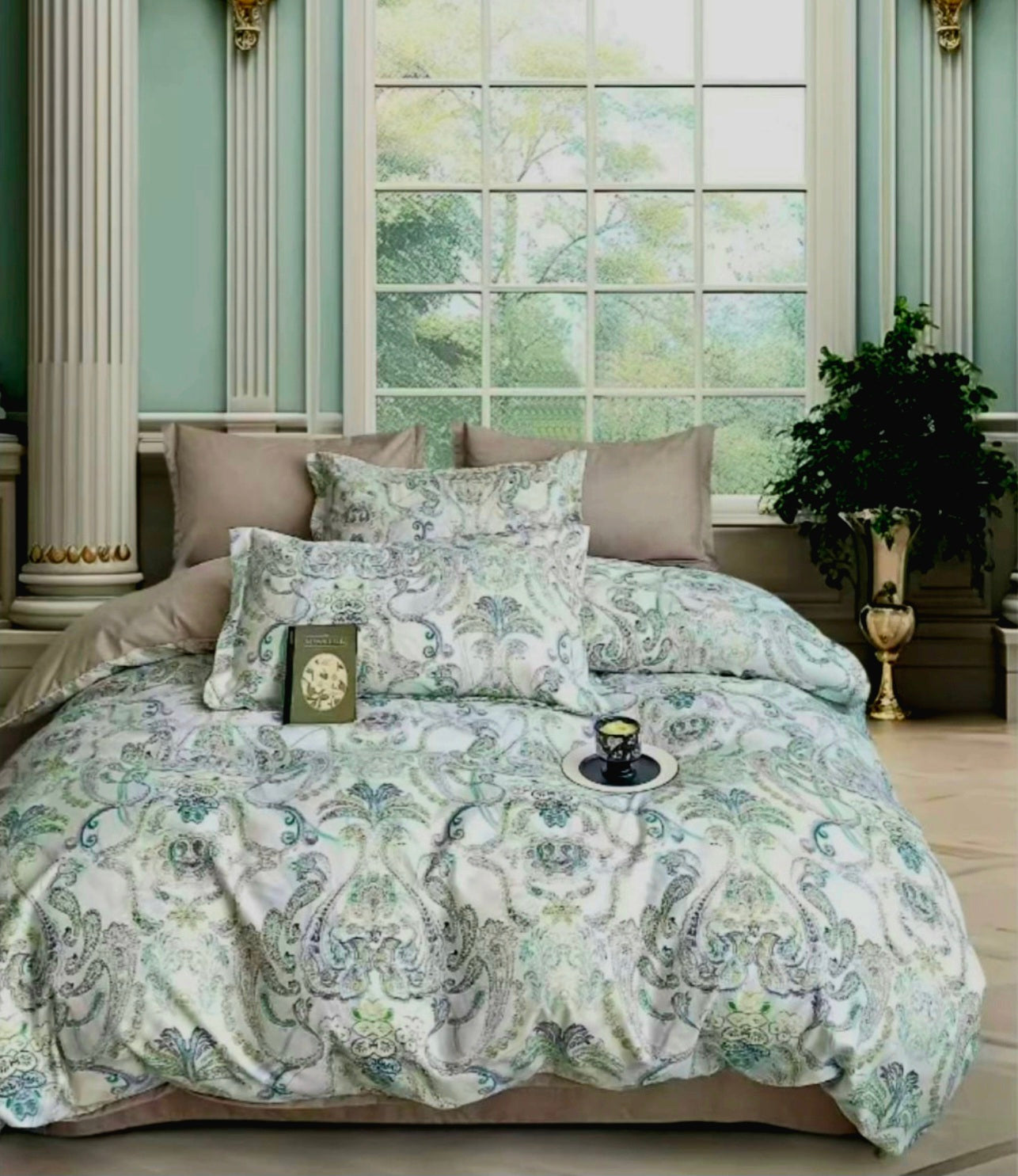 Lenjerie de pat dublu bumbac finet HIPOALERGENIC – 6 piese-230 x 250cm Alba Cu Verde