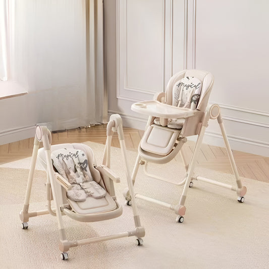 Scaun de Masa pentru Bebelusi si Copii ERGONOMIC, Tavita si Husa Detasabile, Multifuncțional, Stabil, Centura de Siguranta, Inaltime Ajustabila, Spatar Reglabil Moale, Balansoar, de la 6 Luni, Bej