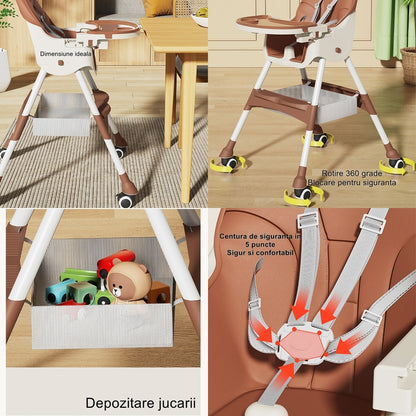 Scaun de masa pentru bebelusi si copii , cu roti, telescopic, pliabil, masuta reglabila, suport picioare, scaun invelis piele artificiala, centura siguranta, spatiu depozitare, 97 x 73 x 65 cm