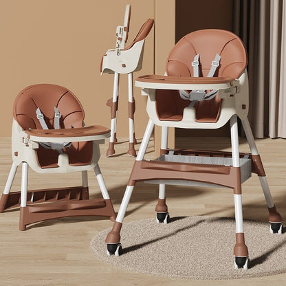 Scaun de masa pentru bebelusi si copii , cu roti, telescopic, pliabil, masuta reglabila, suport picioare, scaun invelis piele artificiala, centura siguranta, spatiu depozitare, 97 x 73 x 65 cm