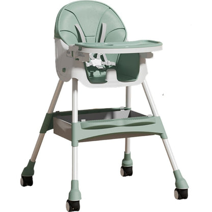 Scaun de masa pentru bebelusi si copii , cu roti, telescopic, pliabil, masuta reglabila, suport picioare, scaun invelis piele artificiala, centura siguranta, spatiu depozitare, 97 x 73 x 65 cm
