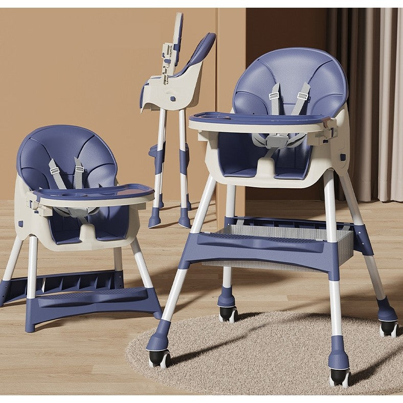 Scaun de masa pentru bebelusi si copii , cu roti, telescopic, pliabil, masuta reglabila, suport picioare, scaun invelis piele artificiala, centura siguranta, spatiu depozitare, 97 x 73 x 65 cm