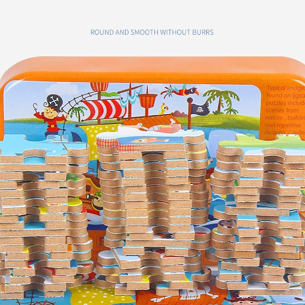 Puzzle 60 de Piese din Lemn in Cutie Metalica,  Model Scufita Rosie, Educativ, Dezvoltare Abilitati Cognitive, pentru Prescolari, 22.5x13.5 cm, Multicolor