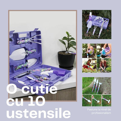 Set 10 Accesorii Pentru Gradinarit , Geanta Depozitare Inclusa, Otel Inoxidabil, 37 x 28 Cm, Mov