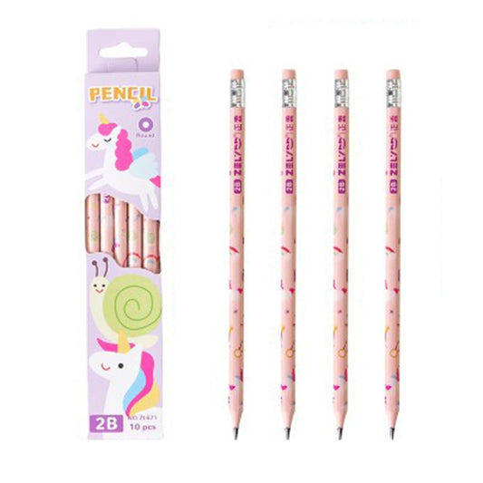 Set 10 Creioane, 2B, pentru Elevi Scoala, cu Radiera, Model Roz cu Unicorni