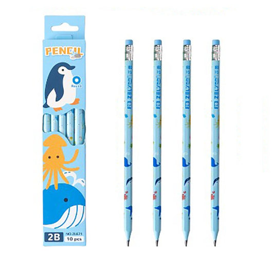 Set 10 Creioane, 2B, pentru Elevi Scoala, cu Radiera, Model Albastru cu Pinguini