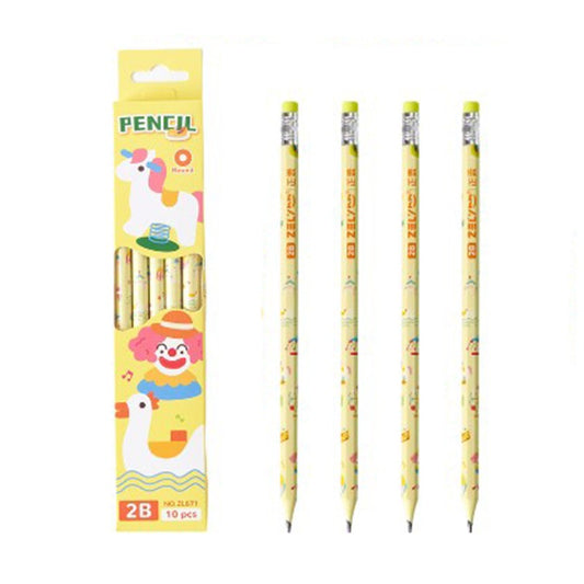 Set 10 Creioane, 2B, pentru Elevi Scoala, cu Radiera, Model Galben cu Circ
