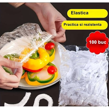 Set 100 Folie de Protectie Elastica pentru Alimente si Boluri, material plastic, prospetime, diametrul 12 - 40 cm