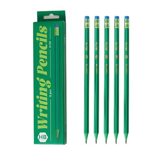 Set 12 Creioane Negre, HB, pentru Scoala, cu Radiera, Model Verde-Albastru, 19 cm