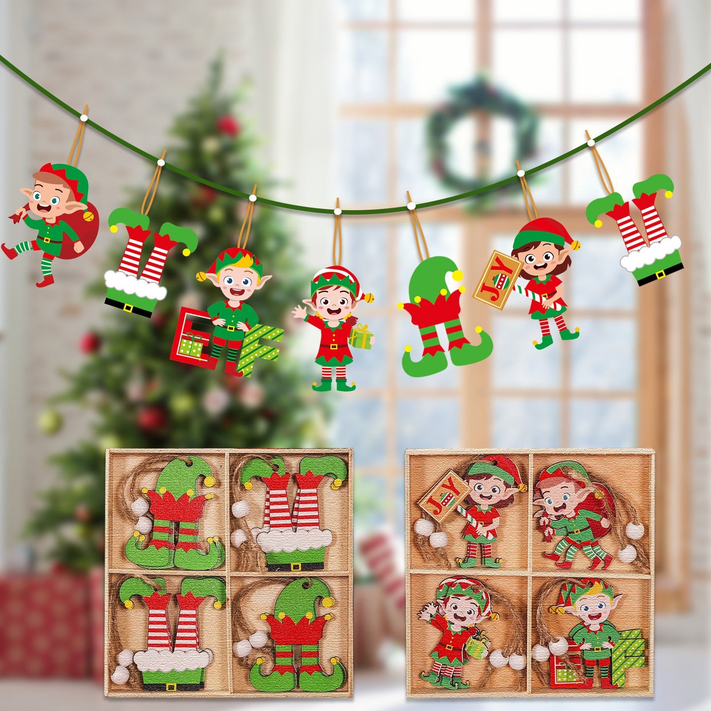 Set 12 Decoratiuni de Craciun din Lemn, cu Snur pentru Agatare in Brad, Model Elfi Diferite Dimensiuni, 4 Modele