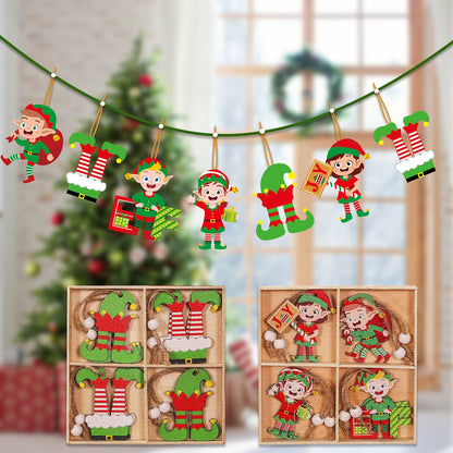 Set 12 Decoratiuni de Craciun din Lemn, cu Snur pentru Agatare in Brad, Model Elfi Diferite Dimensiuni, 4 Modele