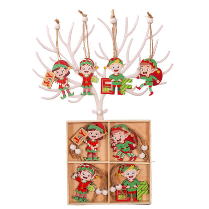 Set 12 Decoratiuni de Craciun din Lemn, cu Snur pentru Agatare in Brad, Model Elfi Diferite Dimensiuni, 4 Modele
