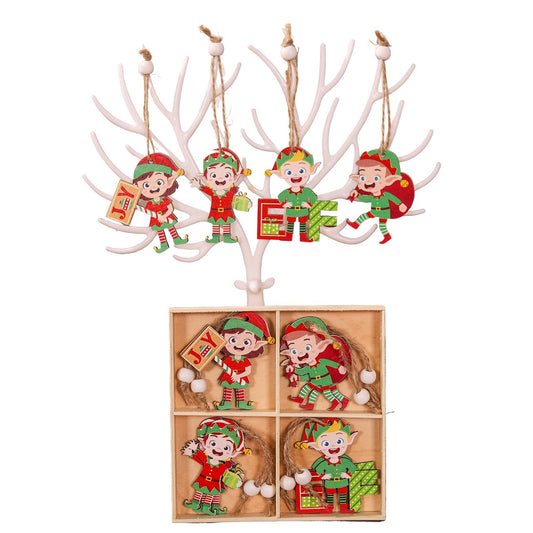 Set 12 Decoratiuni de Craciun din Lemn, cu Snur pentru Agatare in Brad, Model Elfi Diferite Dimensiuni, 4 Modele