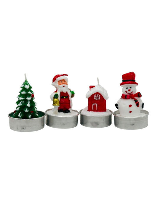 Set 4 lumanari decorative pentru Craciun, din ceara, modele combinate in set, 6cm