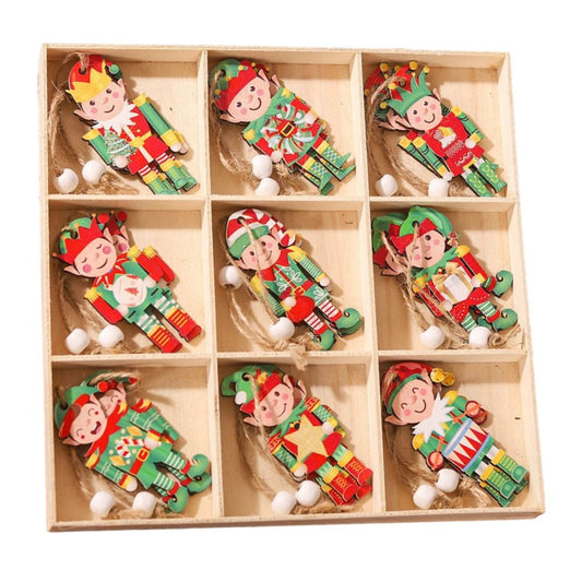 Set 18 Decoratiuni de Craciun din Lemn,  cu Snur pentru Agatare in Brad, Model Elfi, Diferite Dimensiuni, Multicolor