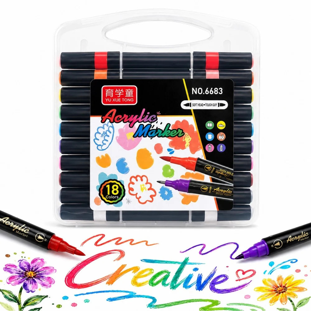 Set 18 Markere Acrilice pe Bază de Apă, Două VârfurI, Pensulă Soft Brush, în Cutie Transparentă cu Mâner