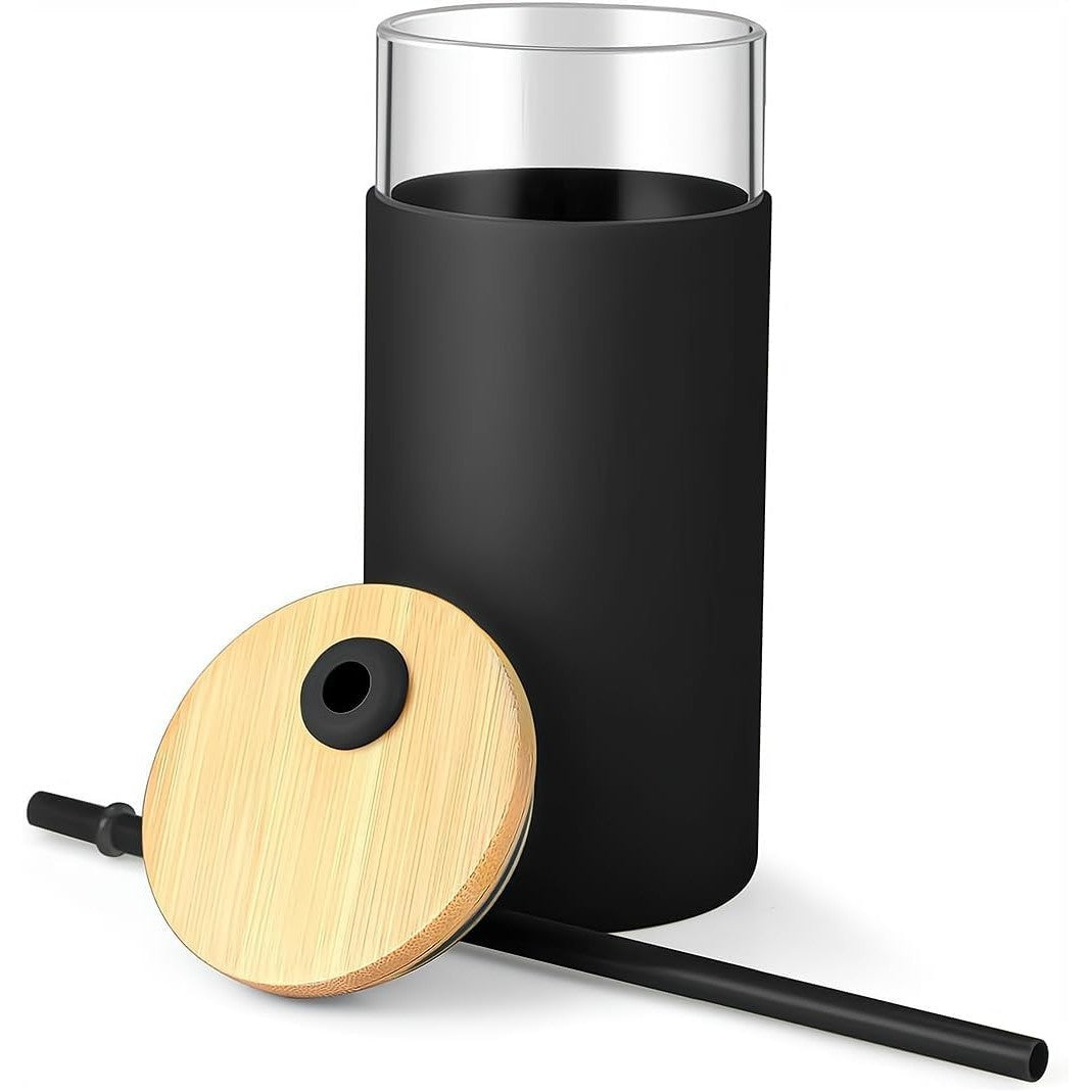 Set 2 Pahare din Sticla Termoizolante Transparente, Capace si Paie Incluse, 500 mL, Silicon Negru si Crem