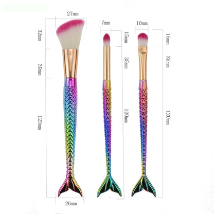 Set 3 Pensule pentru Machiaj, in Forma de Sirena, Electroplacate, Detalii Fine, Maner Ergonomic, Peri din Fibra Moale, Multicolor