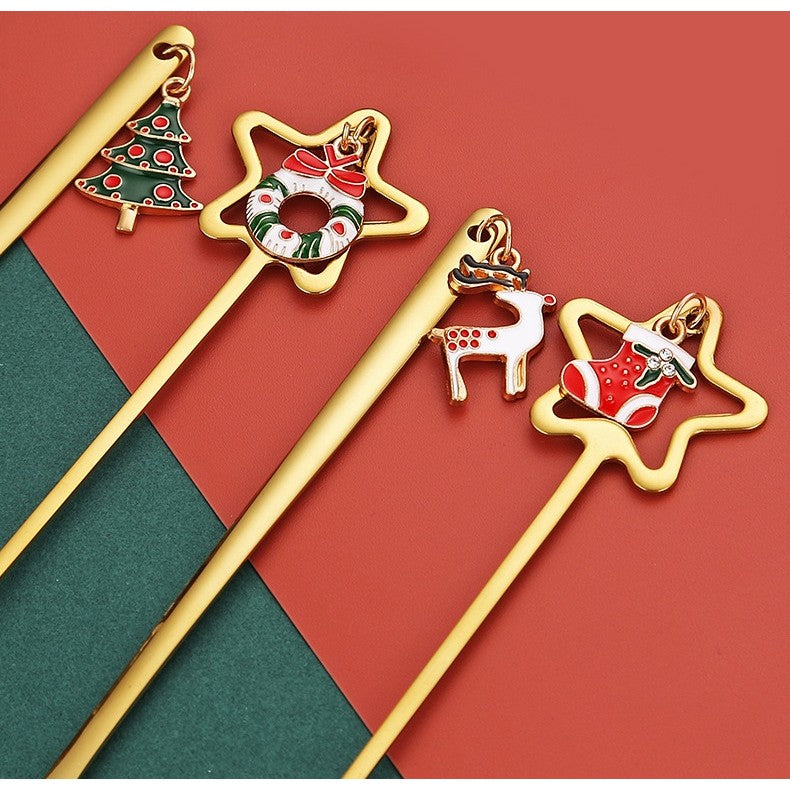 Set 4 Lingurite, Tema Craciun, Model Carry The Merry, 4 Modele Tip Pandantiv, din Otel Inoxidabil, 19 x 16 x 2 cm