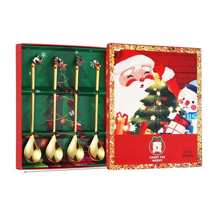 Set 4 Lingurite, Tema Craciun, Model Carry The Merry, 4 Modele Tip Pandantiv, din Otel Inoxidabil, 19 x 16 x 2 cm