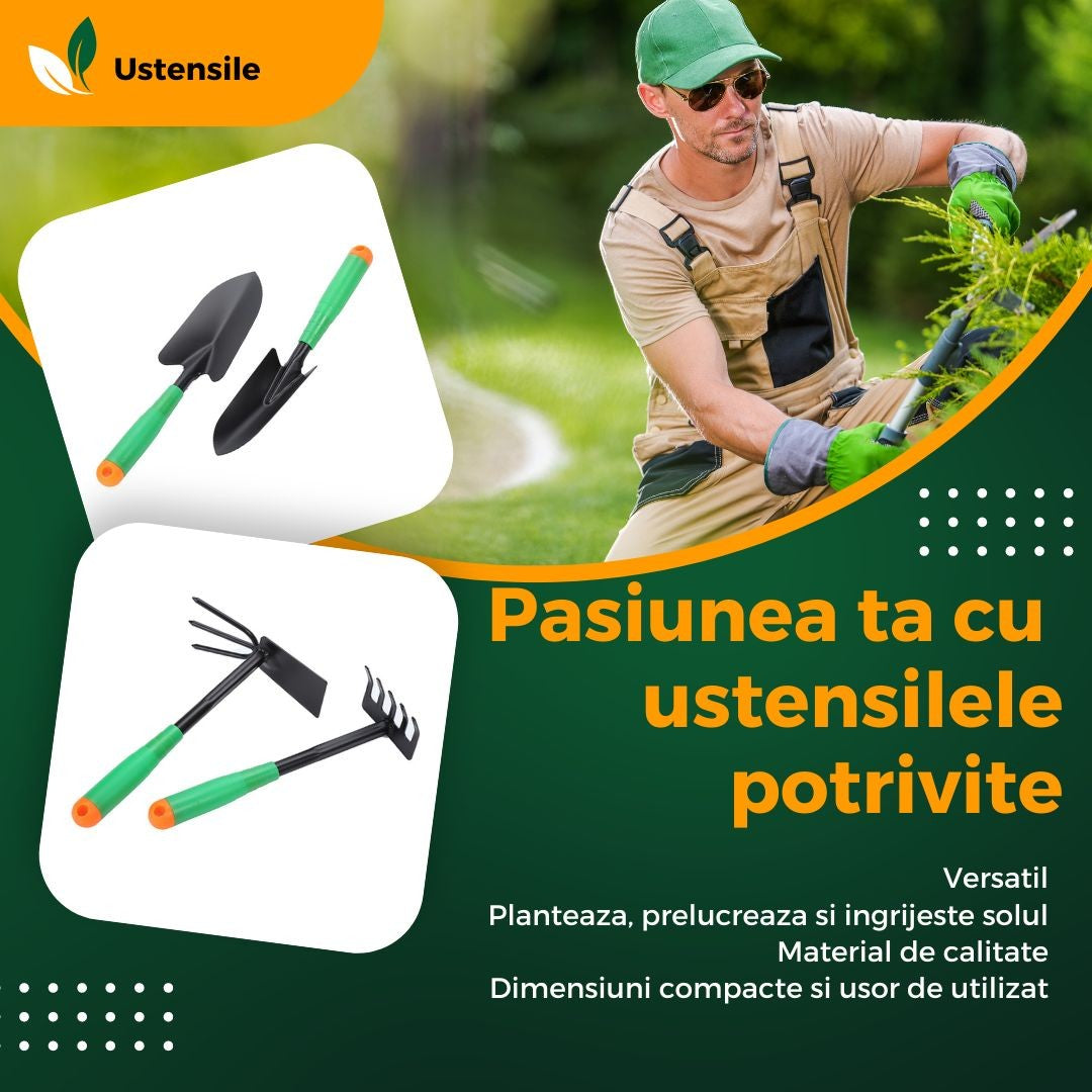 Set 4 Unelte de Gradina , pentru Plantare Prelucrare Sol si Ingrijire Plante, Material PVC si cardboard, 31.5 x 8.5 cm, verde