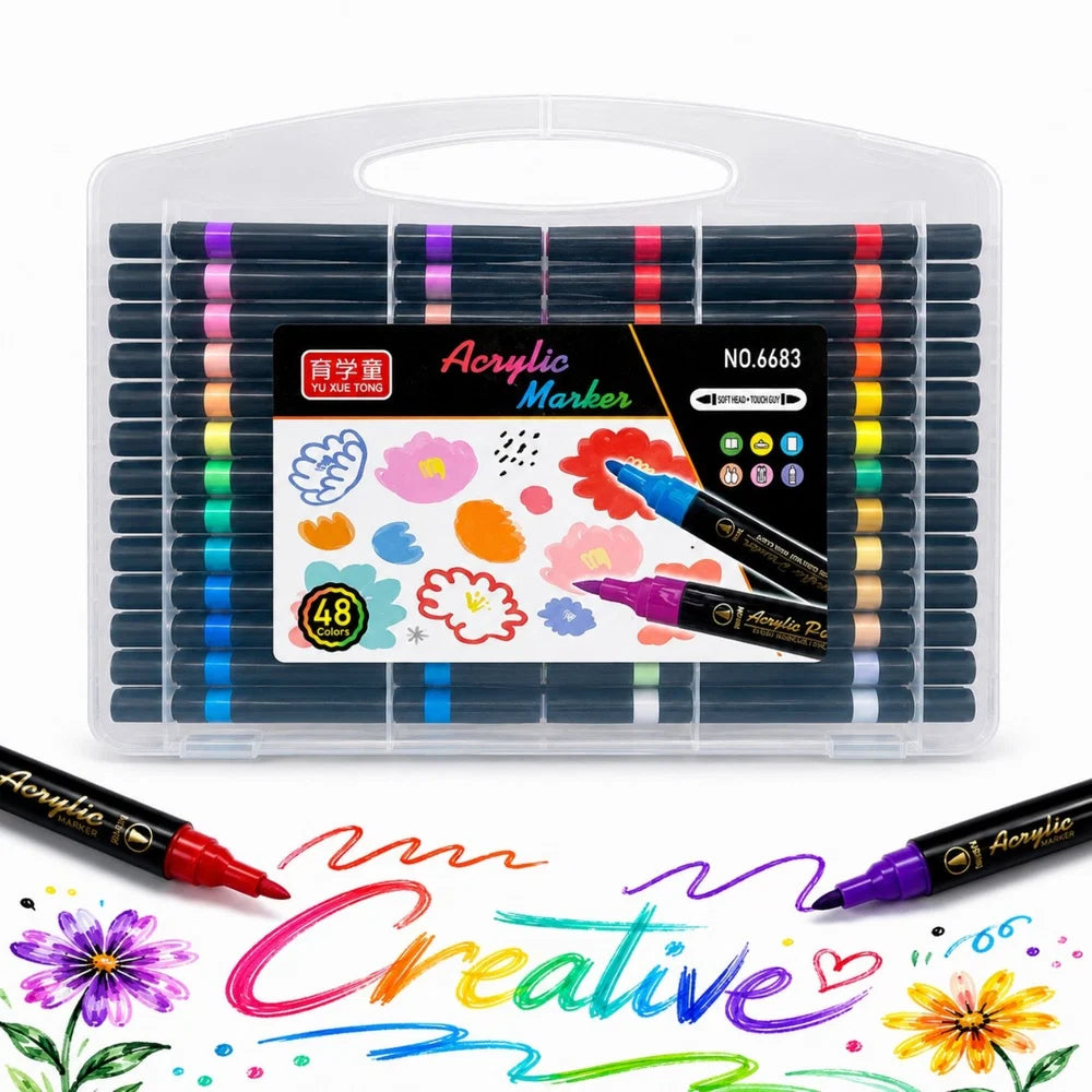 Set 36 Markere Acrilice pe Bază de Apă, Două VârfurI, Pensulă Soft Brush, în Cutie Transparentă cu Mâner