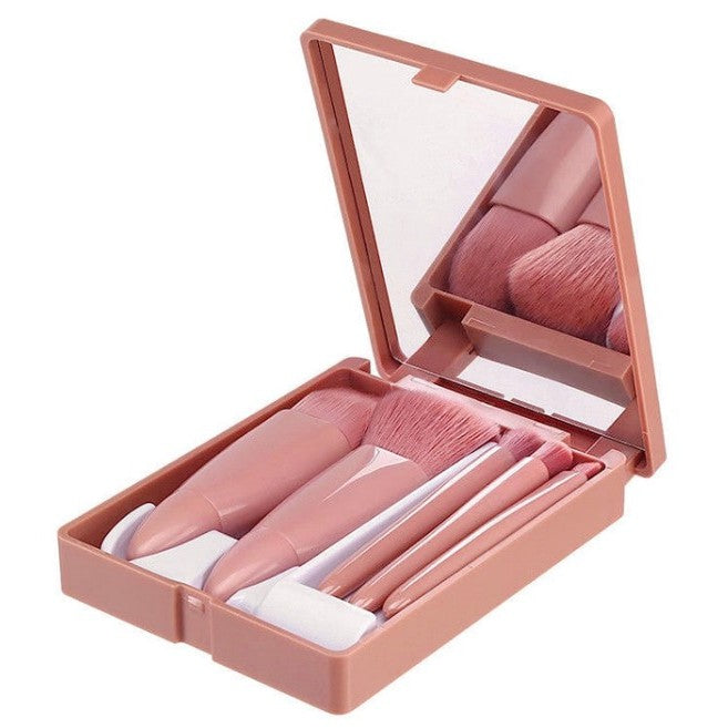 Set 5 Mini Pensule de Machiaj,  Portabile, in Carcasa cu Oglinda, din Par Sintetic Moale, Roz Pastel, 12x7x2.5 cm
