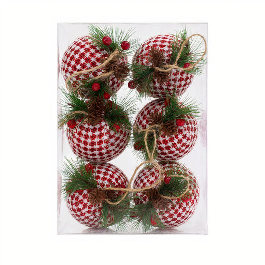 Globuri Decorative Crăciun 6 in Set, Model Tricotat in Rosu cu Conuri, Mersioare si brad, 7 cm