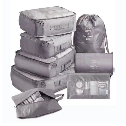 Set 8 huse organizare bagaj, material poliester, impermeabil, cu fermoar, pentru calatorii sau dulap, sac pentru pantofi inclus, pliabil, gri