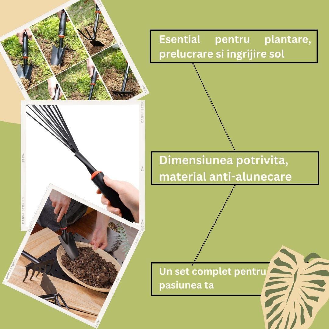 Set 9 Unelte de Gradina , pentru Plantare Prelucrare Sol si Ingrijire Plante, Material PVC si cardboard, 25 x 14.5 cm, negru