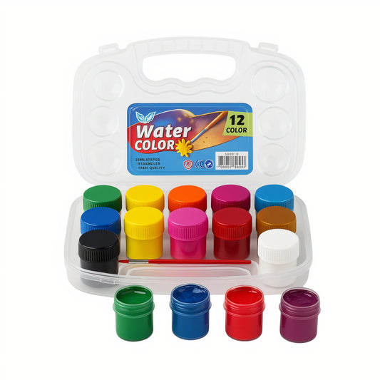 Set Acuarele la Borcan 4cm pe Bază de Apă 12 bucati/set cu Pensulă, în Cutie 18x14cm cu Mâner Transparentă