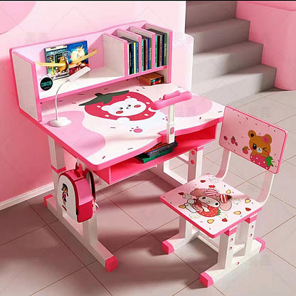 Birou cu scaun  ergonomic pentru copii, etajere carri reglabile, cadru metalic si lemn, imprimeu capsunica