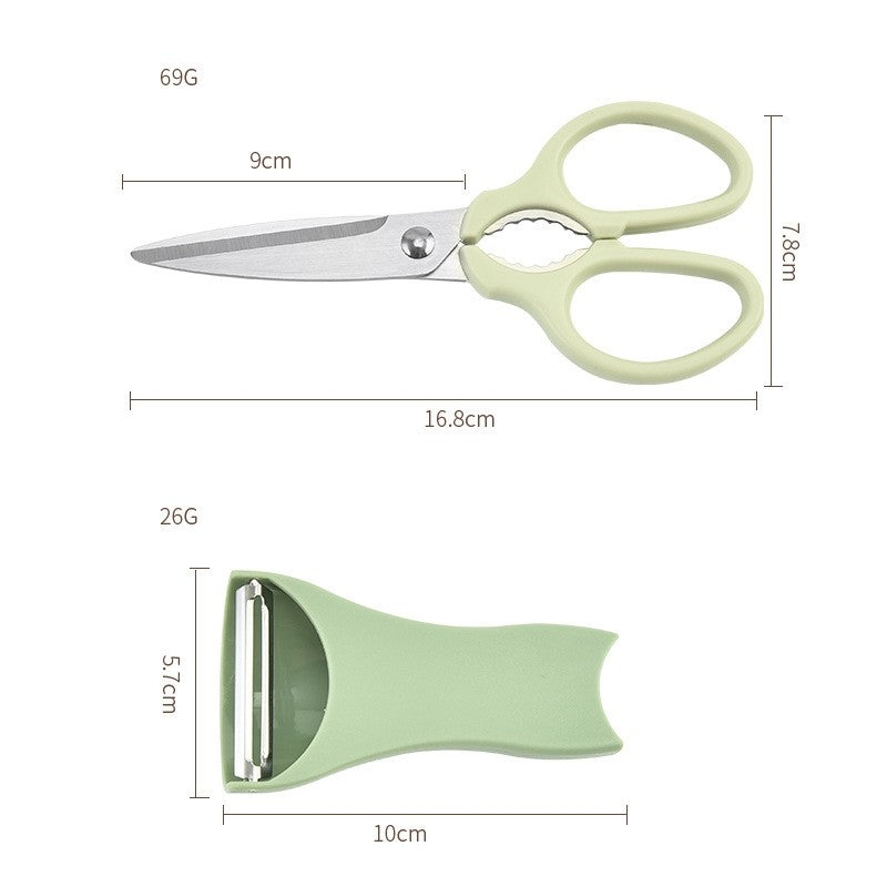 Set foarfeca pentru bucatarie, curatator legume tip suport, multifunctional, spargator nuci, material ABS si otel inoxidabil, maner ergonomic, 16.8 x 7.8 x 1 cm, verde