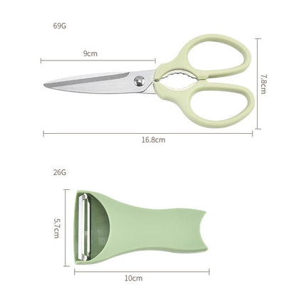 Set foarfeca pentru bucatarie, curatator legume tip suport, multifunctional, spargator nuci, material ABS si otel inoxidabil, maner ergonomic, 16.8 x 7.8 x 1 cm, verde